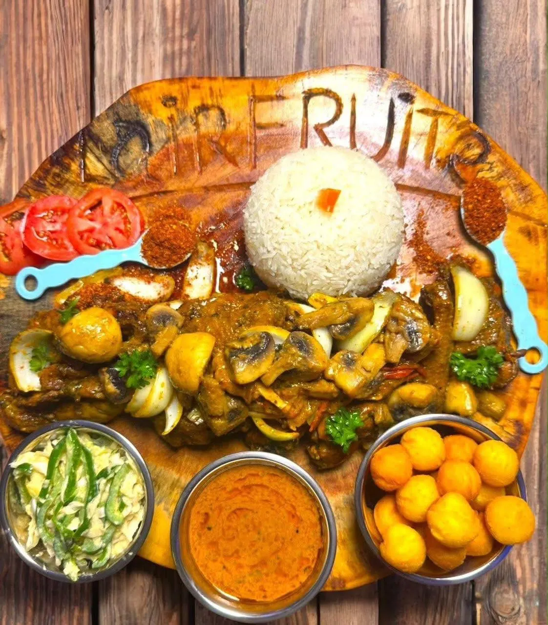Plateau en bois gravé « L’Air Fruité » : bœuf aux champignons, riz, sauce, crudités et petites boules frites