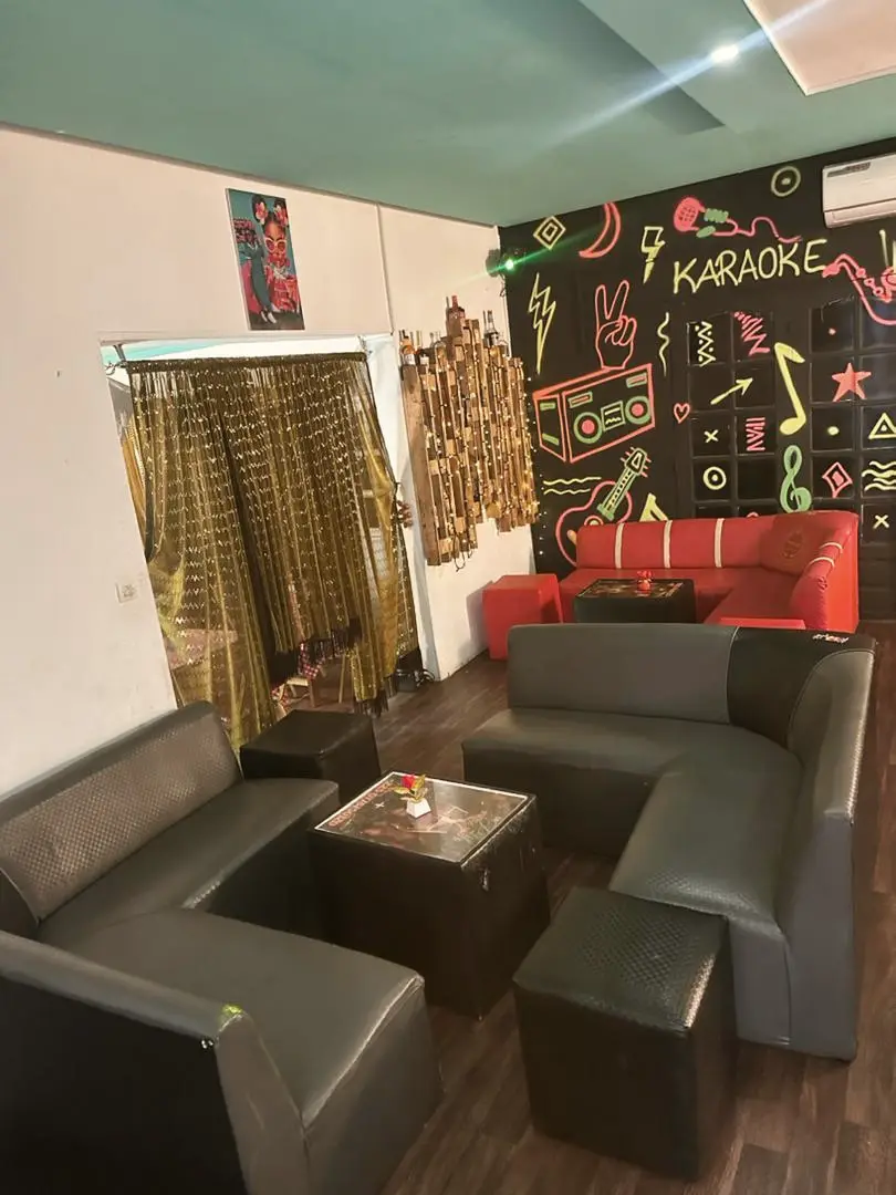 Salon aux banquettes en cuir devant un mur graphique « Karaoké »
